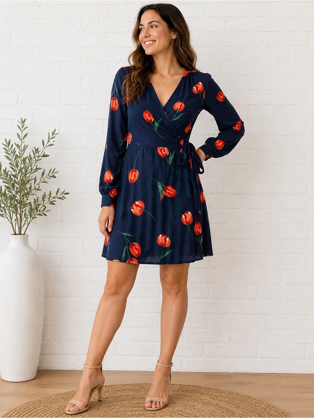 All In Favor Tulip Pattern Navy Long Sleeve Wrap Dress NWOT Small